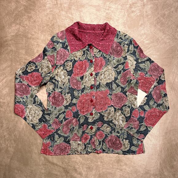 Vintage 90s Floral Crinkle Stretch Button Up Shirt Jacket Reversible Textured - Picture 1 of 7
